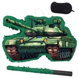 Tank Piñata - Small Army Camo Tank Piñata with Blindfold and Bat for Boys Kids Military Theme Birthday Party Game Decorations (Small Size 16.5”x10”x3”)