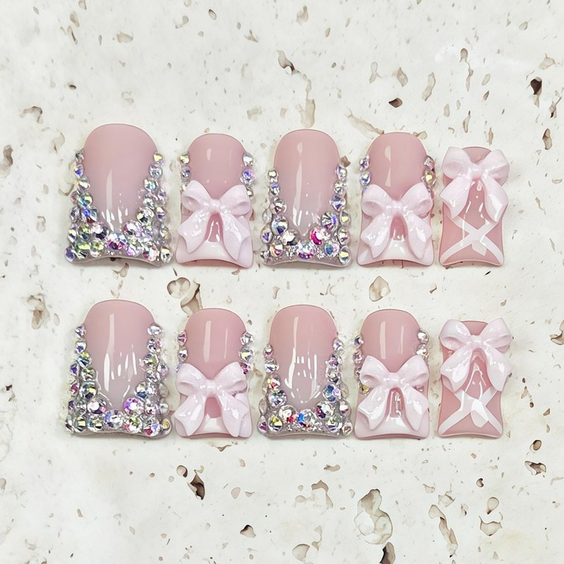 Luxury Rhinestone Press on Nails Short Duck Handmade 3D Bow