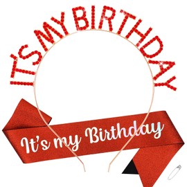 BAHABY It's My Birthday Sash & Birthday Headband Set Princess Birthday Sash and Tiara Birthday Gifts for Women Girls Sweet Happy Birthday Accessories for Party- Red