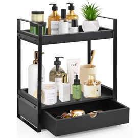 Ukonvi 2-Tier Bathroom Organizer Countertop with Drawer, Wood Counter Shelf for Storage, Vanity Tray for Organization and Decor, Countertop Organizer for Bathroom, Kitchen, Office (Black)