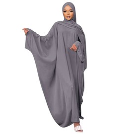 IKADEX Muslim Dress for Women Pakistani Kaftan Abaya Robe + Hijab Arabic Islamic Prayer Clothes Dubai Outfits Grey Set