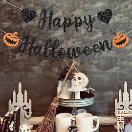 Pre-Strung Black Glitter Halloween Decorations Banner for Haunted House with Pumpkin Decorations Happy Halloween Mantle Home Party Decor Indoor Outdoor NO DIY