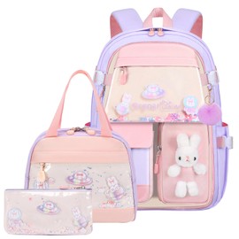 KBGPW 3pcs Girls Backpack With Lunch Box & Pencil Case,Cute Rabbit Kids School Backpack Set For Kindergarten & Elementary School (Style A Purple-16.5in)