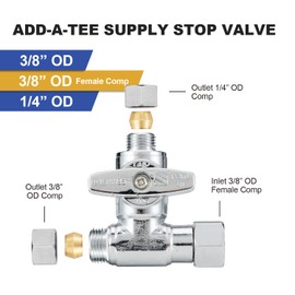 WMAXPFIT ADD-A-Tee Stop Valve(1 PACK), 3/8" OD x 3/8" F COMP. x 1/4" OD Compression, 1/4 Turn Shutoff Valve Chromed LF Brass
