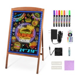 Hosim LED Message Writing Board 24"x16", Standing A-Frame Wooden Message Board Illuminated Erasable Neon Effect Restaurant Menu Sign, 8 colors Markers, Flashing DIY Message Chalkboard for Shop/Cafe