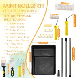 12 Pieces Paint Roller Set with Extension Pole, Professional Paint Rollers and Trays Sets, 9 inch Painting Roller Set, Paint Brush - Rollers Kit for Painting Walls, Edges & Ceilings