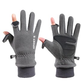 Fnaobai Fleece Gloves for Women Men Winter Warm Touch Screen Cold Weather Adjustable Wrist Thermal Mittens for Running Skiing Grey 2 Fingers Men