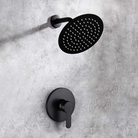 Matte Black Shower Faucet Set Bathroom Rainfall Mixer Shower System Wall Mounted 8" Inch Shower Head and Handle Set Single Function Shower Trim Kit with Rough-in Valve
