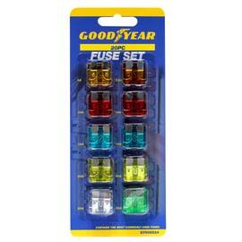 Goodyear 20pc Fuse Set - Includes Standard, Mini and Maxi Fuses For Automotive Use | Reliable And Durable Fuse Assortment For Vehicle Electrical Repairs And Maintenance | Common Fuses