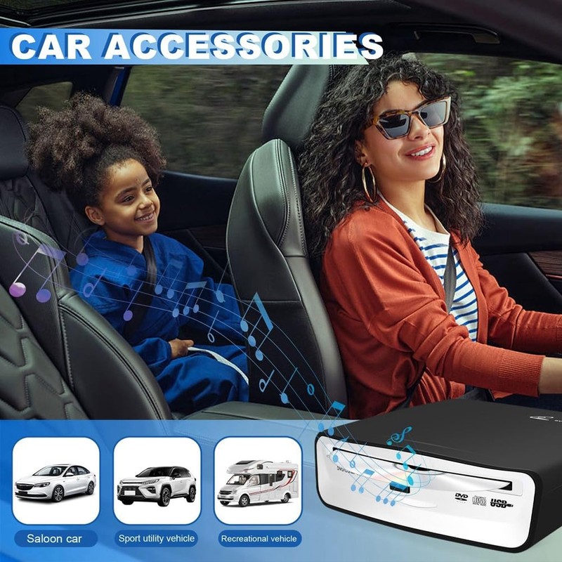 Clickinline Universal Portable Car External CD Player, Plugs Into Car