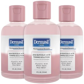 Dermasil AHA Glycolic Acid Toning Solution 3-Pack – Exfoliating Toner for Face with Rose Water, Witch Hazel, and Hyaluronic Acid, 4 Oz Ea