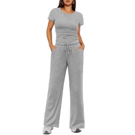 Ekouaer Women's 2 Piece Lounge Sets Ruched Short Sleeve Pajama Set High Waisted Wide Leg Pants Loungewear Tracksuit Sets