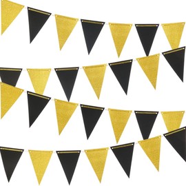 MOWO Gold Black Pennant Banner Paper Bunting Hanging Decoration for Birthday Graduation Retirement New Year's Party, Pack of 30 Counts Pennant, 20 feet
