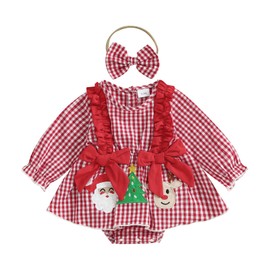 Ayalinggo Baby Girl Christmas Outfit Newborn Girl Xmas Santa Romper Dress Bowknot Onesie Cute Fall Winter Baby Clothes (Red plaid, 6-12 Months)