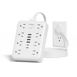 TerHavn Extension electrica Corta 1.5M y Regleta Multicontacto con 8 Tomas y 6 USB (2 USB-C) - supresor de Picos de Voltaje, Enchufe Plano para Dormit