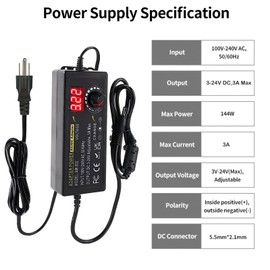 3V~24V 3A Adjustable Power Supply 72W Universal 3V 5V 6V 9V 12V 15V 18V 20V 24V Variable Switching Power Supply 100V-240V AC to DC Converter with 14 Tips & Polarity Converter Cable