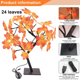 Nizirioo Herbstdeko Ahornblatt Baum Licht: Deko innen Baum Licht mit 24 LEDs, Schreibtisch Ahorn-Blätter Baumlicht Warmweiß mit USB-Schalter, Dekoration Blätter Lichterketten für Thanksgiving