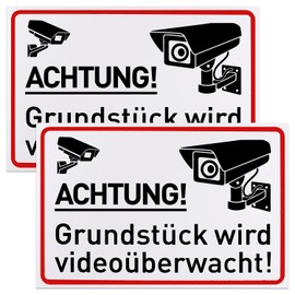 Achtung Videoüberwachung Sign, Warning Sign, Pack of 2, Camera Surveillance Sign This Area Is Video Surveillance, Weatherproof and UV-Resistant (30 x 20 cm)