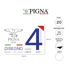 Pigna, Blocco da Disegno con 4 angoli PignaQuattro, Formato 24x33 cm., 20 Fogli da 220 g/m², Perfetto per Disegni e Schizzi, Carta Liscia, confezione 1 pezzo