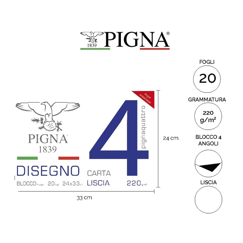 Pigna, Blocco da Disegno con 4 angoli PignaQuattro, Formato 24x33