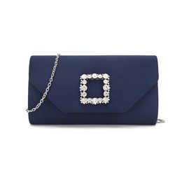 IXEBELLA Satin Evening Bag for Women Clutch Purse Embellished Crystals Buckle (Navy)