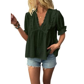 Nicetage Womens Elegant Dressy Blouse V Neck Ruffle Sleeve Flowy Shirts Dressy Casual Summer Tops C-LE3-Vshirt-ArmyGreen-L
