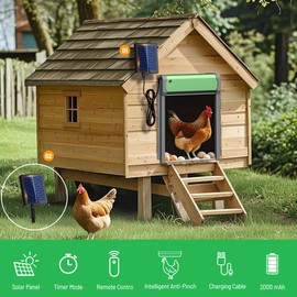 Automatic Chicken Coop Door, Solar Powered Door Opener with Timer & Light Sensor, 4 Modes IP65 External 2000mAh Power Supply Connection with Remote Control & Anti-Pinch Function for Family, Farms