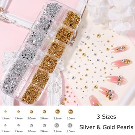 3D Mini Nails Pearls, Gold Silver Flatback Pearls for Nail Art, Beige White Gold Silver Pearl Nail Beads Gems for Nails Manicure DIY Jewelry Supplies Accessories