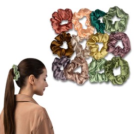 TEMPERIA (12 pcs) Silk Satin Scrunchies For Women & Girls - Stylish Luxury Ponytail Rubber Band Ties for Hair - English Colours Same As Shown (MN02)