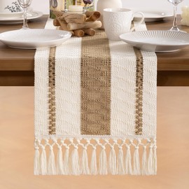 MLMW Farmhouse Small Table Runner 36 Inches for Coffee Table Boho Rustic Home Decor with Tassels Cream Brown Burlap Table Runner for Living Room Dining Room Country Style Table Decor