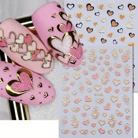 6Sheets Valentines Nail Art Stickers Gold Heart Nail Decals 3D Self-Adhesive Valentine's Day Nail Stickers Sparkly Pink Brown Love Heart Design Nail Art Supplies for Women DIY Manicure Decorations