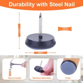 VABNEER 30 mm Furniture Glides with Nails, 16 Pieces PTFE Teflon Round Furniture Sliders for Heavy Furniture, Smooth Floors and Carpets