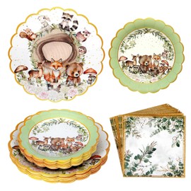 BruinBang 72 Piece Woodland Baby Shower Disposable Tableware Party Kit for 24 Guest, 9 Inch and 7Inch Heavy Duty Plates, Paper Napkins, Party Supplies for Boys Girls Safari Baby Shower Decorations