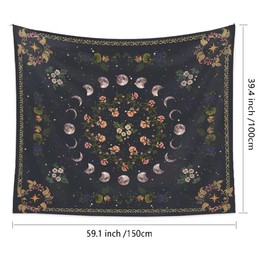 LISKCK Floral Plants Moon Phase Tapestry, Black Background Botanical Tapestries Wall Hanging Bohemian Wall Decor Blanket ​for Bedroom Home Dorm (M: 39.4ʺ x 59.1ʺ)