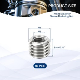 HiPicco 10 Pcs Thread Adapter Sleeve Reducing Nut, M8 x 1.25 Male to M5 x 0.8 Female Thread Stainless Steel Repair Insert Nut Screw 8mm Length Reducer Conversion Fastener