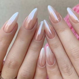 24Pcs Nude Gradient Press on Nails Medium Length, GRITOSE Almond Shaped False Nails Mirror Nails Artificial Acrylic Fake Nails with Glue Full Cover Glue on Nails Reusable Stick on Nails for Women