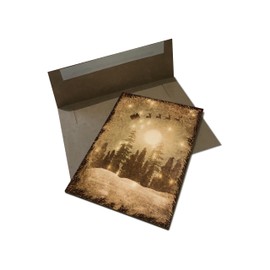 Retro Real Wood Holiday Christmas Greeting Card with Santa and Reindeer in Sleigh (Classic Edge)