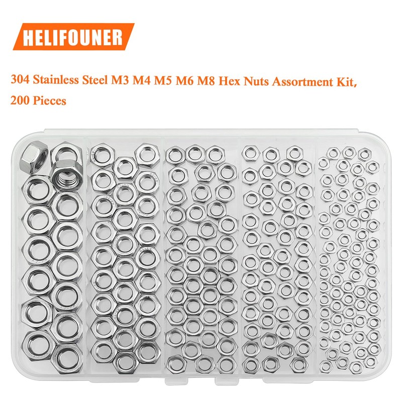 HELIFOUNER 200 Pieces 5 Sizes Metric Hex Nuts Assortment Kit,