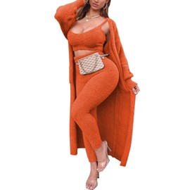 Fixmatti 3 Piece Knit Pajama Set for Women Fuzzy Outfits Long Cardigans Crop Tank Tops Legging Sweatsuit Orange XL