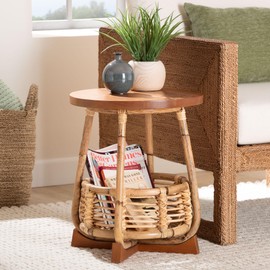 bali & pari Derenik Natural Rattan and Mahogany Wood End Table - Boho Accent Side Table with Woven Basket Base, Coastal Style Nightstand or Living Room Table