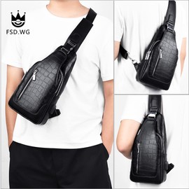 FSDWG Men's Leather Body Bag, Large Capacity, Cross-body Bag, Left & Right Handed, Waterproof, Popular, Genuine Product, black - 0038