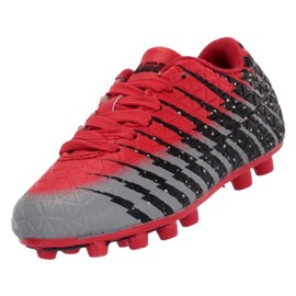 Vizari Bolt Firm Ground Youth Soccer Cleats for Boys and Girls | Textured Synthetic Leather Upper Kids Football Cleats with Polyurethane Sole for Comfort and Traction, Red/Black/Silver, 8.5 Toddler