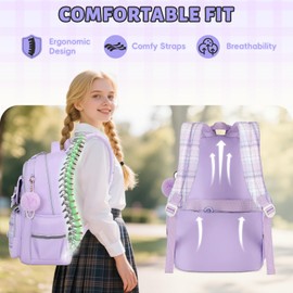 Tanou School Backpack Girls Children's Backpack Waterproof Backpack Teenager Daypack Kawaii Checked School Bag for Girls 9-16 Years with Trolley Strap, purple
