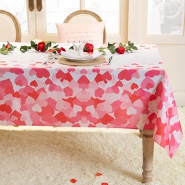 Joyfol Day Valentines Tablecloth Square，Red Heart Polyester Fabric Table Cloth，Washable Easy Care Reusable Table Cover，Anniversary Party Table Decoration for Dining Party（54x54 Inches）