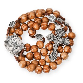 Nazareth Store Sacred St Michael Wood Beads Rosary Solid Wooden Prayer Chaplet with Cross Saint Medal & Silver Pardon Crucifix