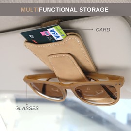 Ompellus Glasses Holder for Car Sun Visor, Multifunctional Leather Eyeglasses Holder Clip, Magnetic Sunglasses Hanger with Ticket Card Pocket (Beige)