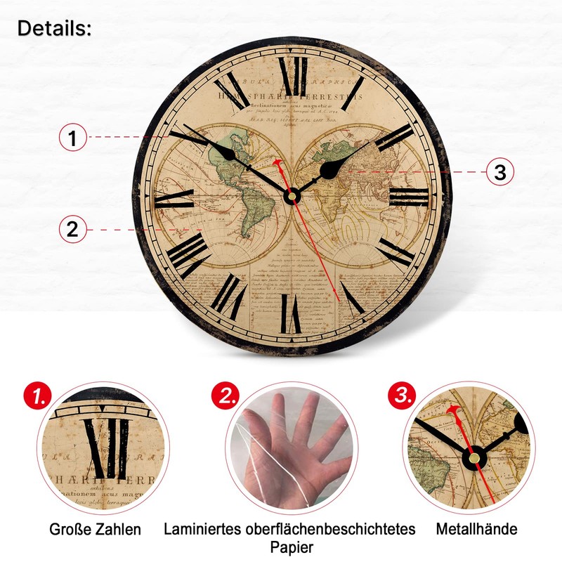 TAHEAT World Map Wall Clock, Large Classic Wooden Clocks, Quiet