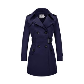 poonyfesh Women's Waterproof Trench Coat Double-Breasted Classic Lapel Petite Overcoat Belted Slim Outerwear Coat Large Navy