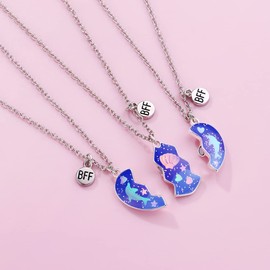 Saalort Best Friend Necklaces for 3 Matching Heart Pendant Magnetic Bff Friendship Necklace, Copper, Cubic Zirconia