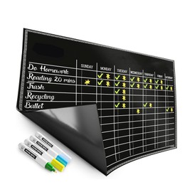 Magnetic Black Chore Chart for Kids – Perfect Size Dry Erase Board for Refrigerator – with 4 Chalk Markers – Reward Good Behavior & Responsibility Chart - 17x12